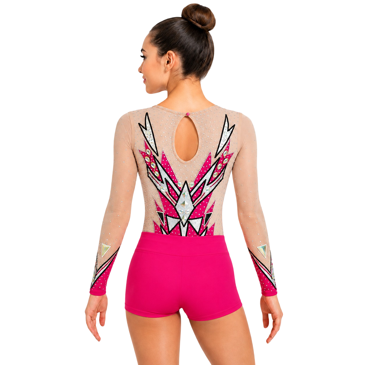 Legendary Grace Leotard with Shorts – Nude & Hot Pink Embellished Gymnastics Outfit