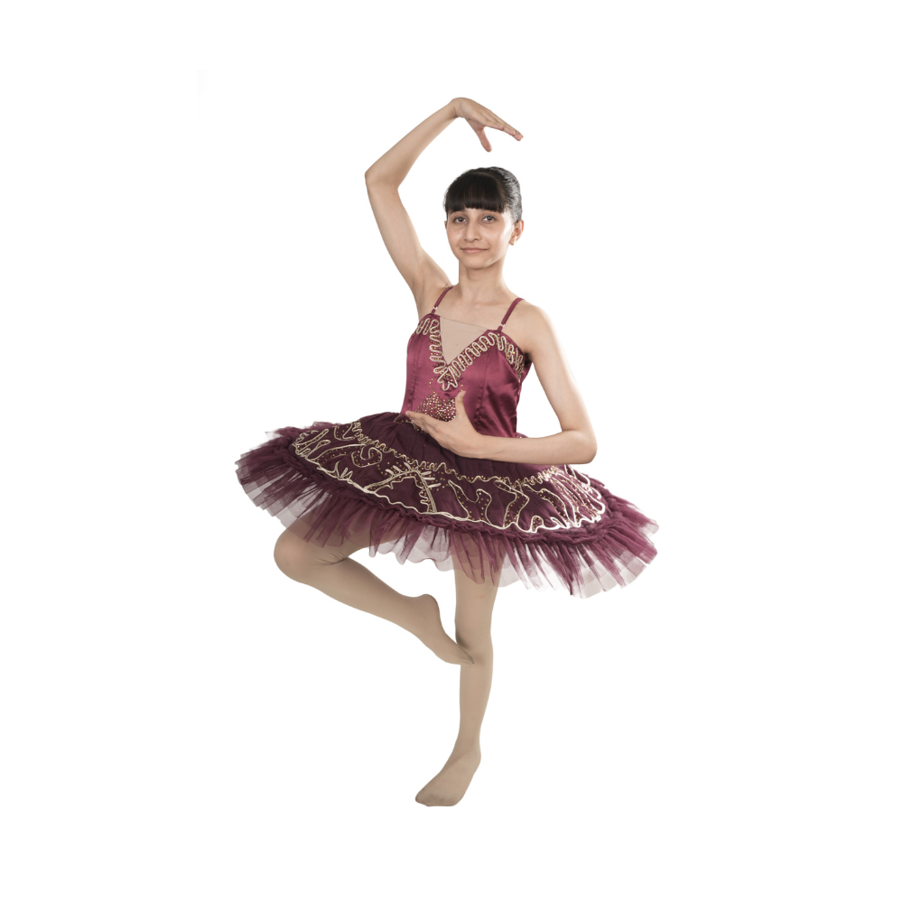 Wine Elegance Tutu Dress Multi Layer Mesh With Bronze Lace And Stone Embellishments