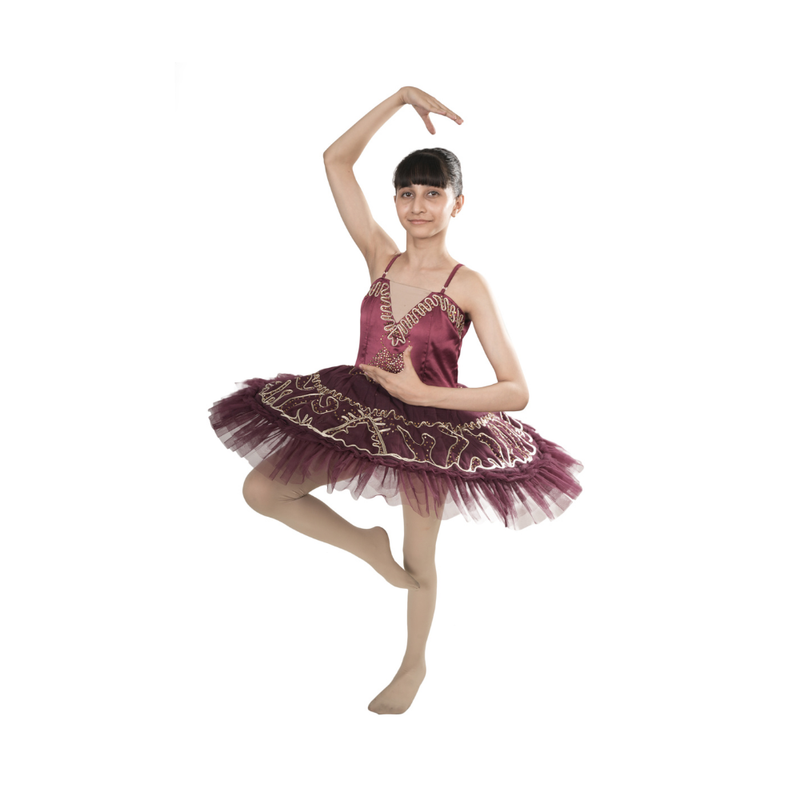 Wine Elegance Tutu Dress Multi Layer Mesh With Bronze Lace And Stone Embellishments