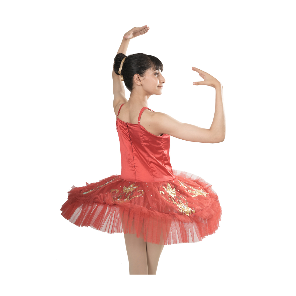 Red Majesty Tutu Dress Multi Layer Mesh With Gold Patch And Stone Embellishments