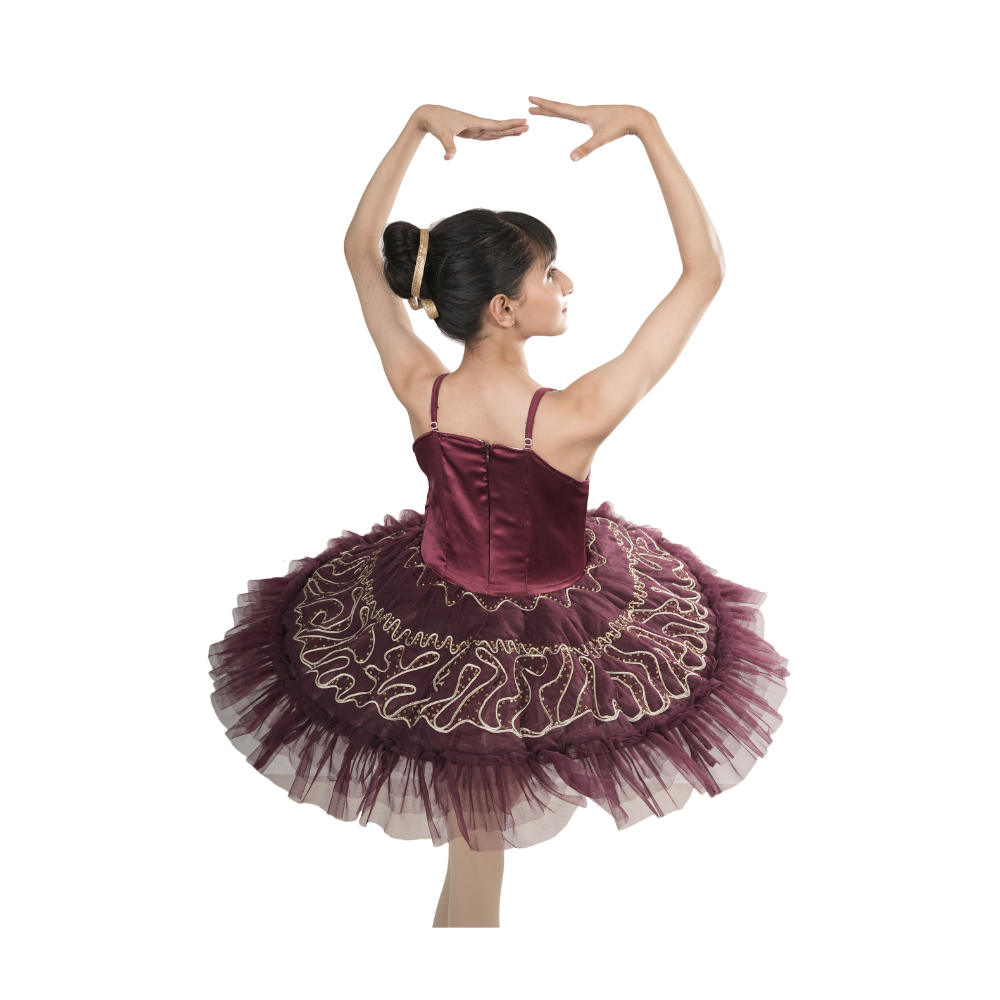 Wine Elegance Tutu Dress Multi Layer Mesh With Bronze Lace And Stone Embellishments