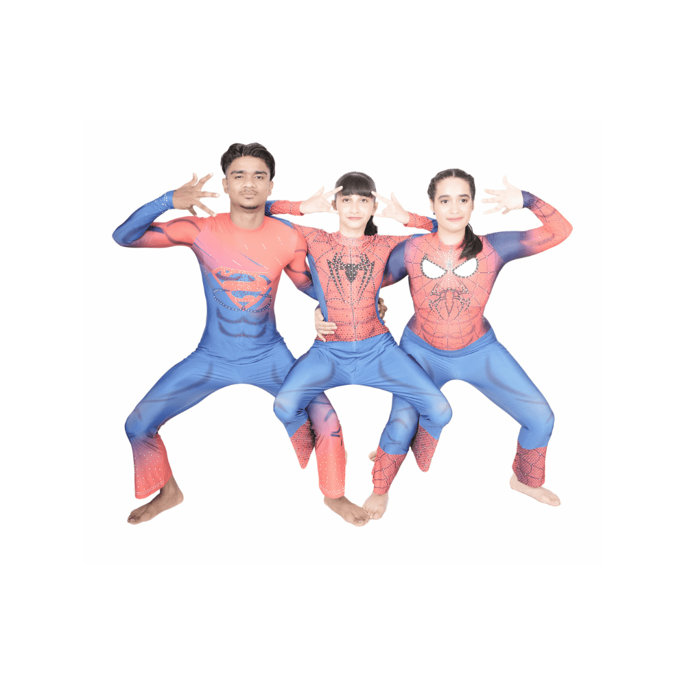 Heroic Power Unisex Red and Blue Superman Theme Flared Unitard for Acro Dance, Trampoline, Zumba and Cyr Wheel