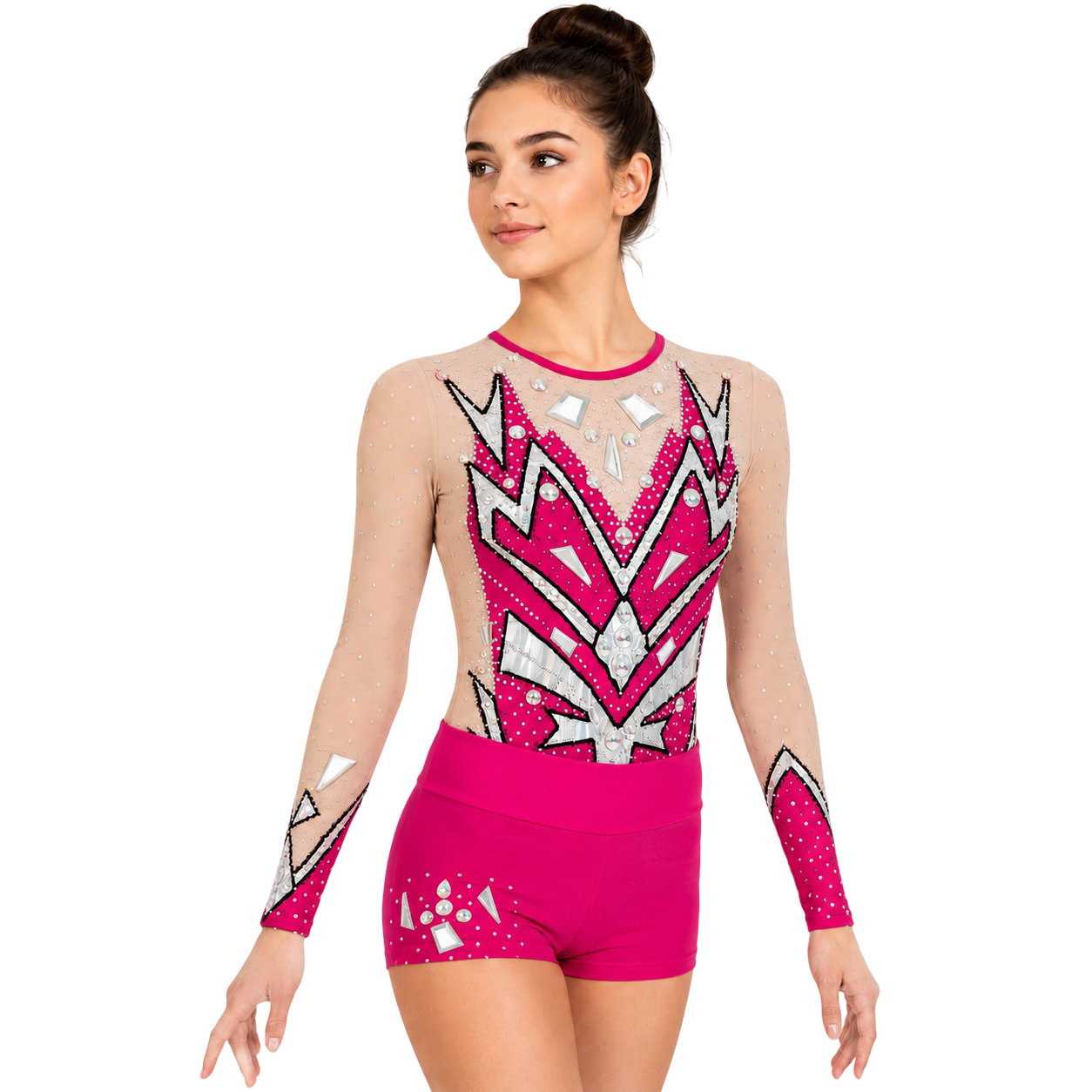 Legendary Grace Leotard with Shorts – Nude & Hot Pink Embellished Gymnastics Outfit