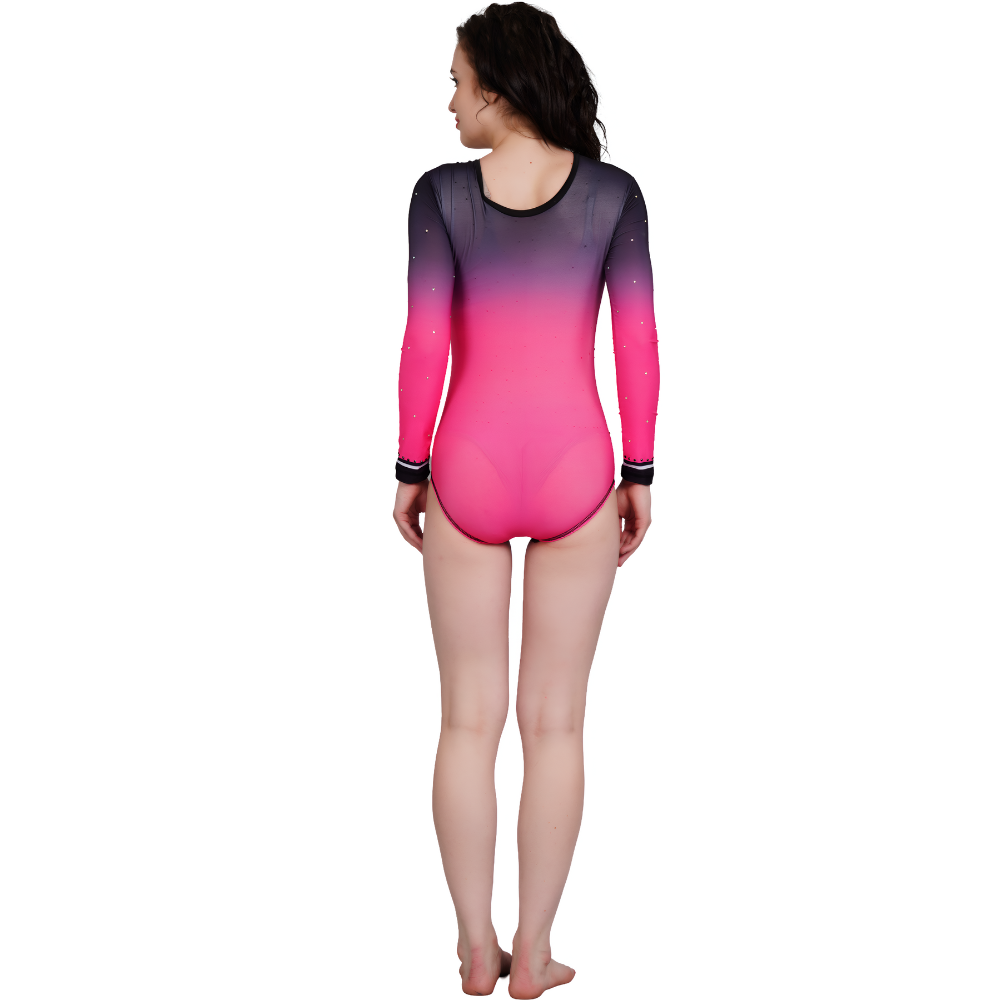 Competitive High Embellished, Stretchable, Full Sleeves, Black & Pink Ombre Elegance Leotard For Gymanstics, Mllakhamb, Aerial, Dance, Skating & Yoga