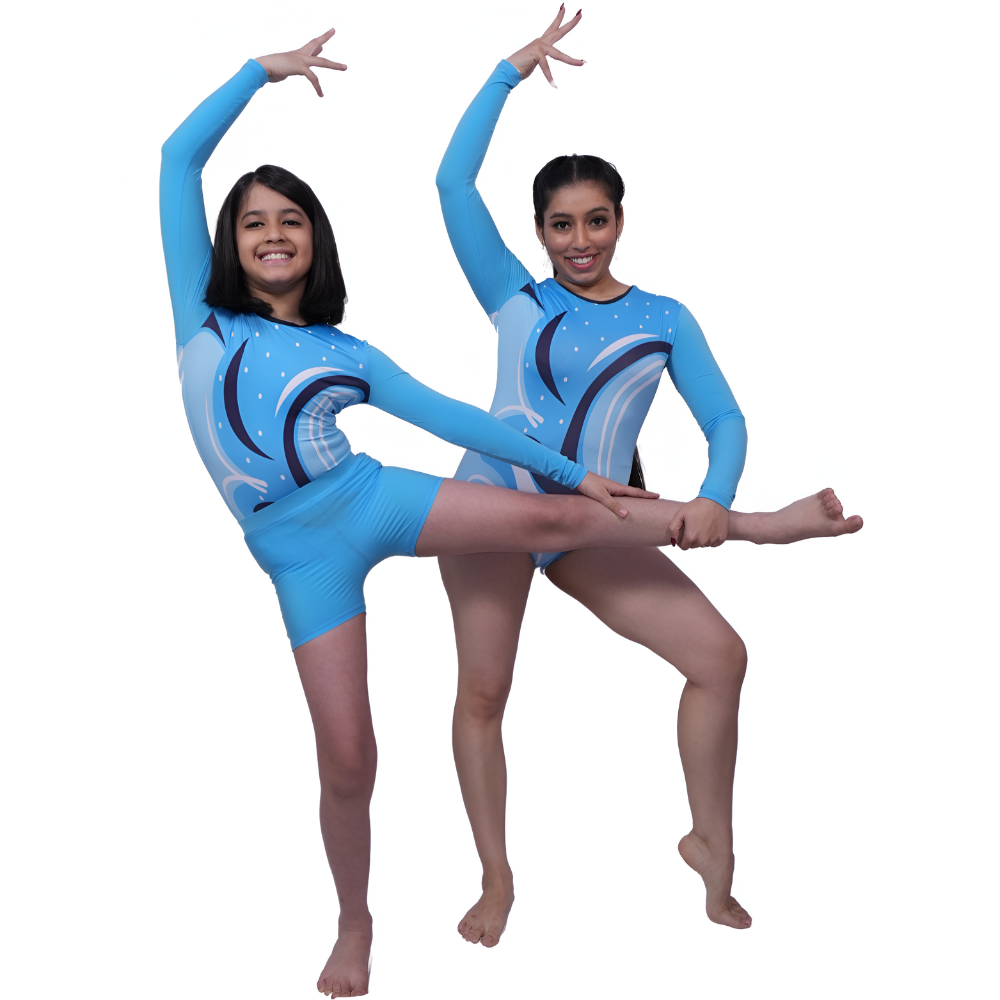 Printed Blue & White Sky Bloom Leotard With Shorts for Artistic Gymnastics, Mallakhamb, Yoga, Aerial & Physical Activity