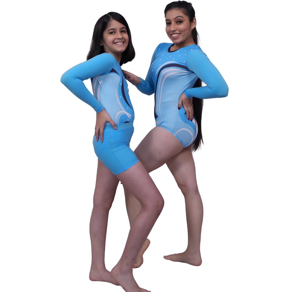 Printed Blue & White Sky Bloom Leotard With Shorts for Artistic Gymnastics, Mallakhamb, Yoga, Aerial & Physical Activity
