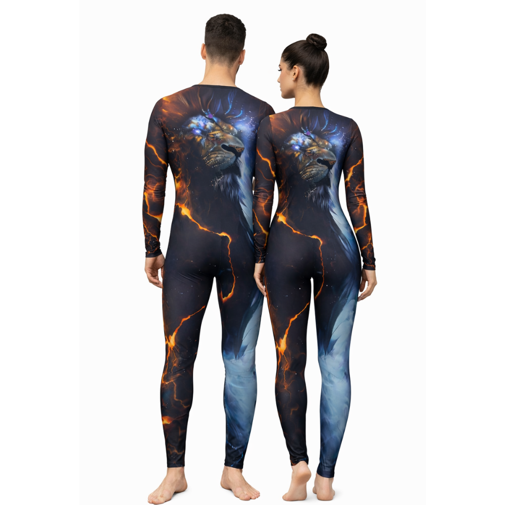 Lion Motif and Blue Flame Print Unitard for Yoga and Dance