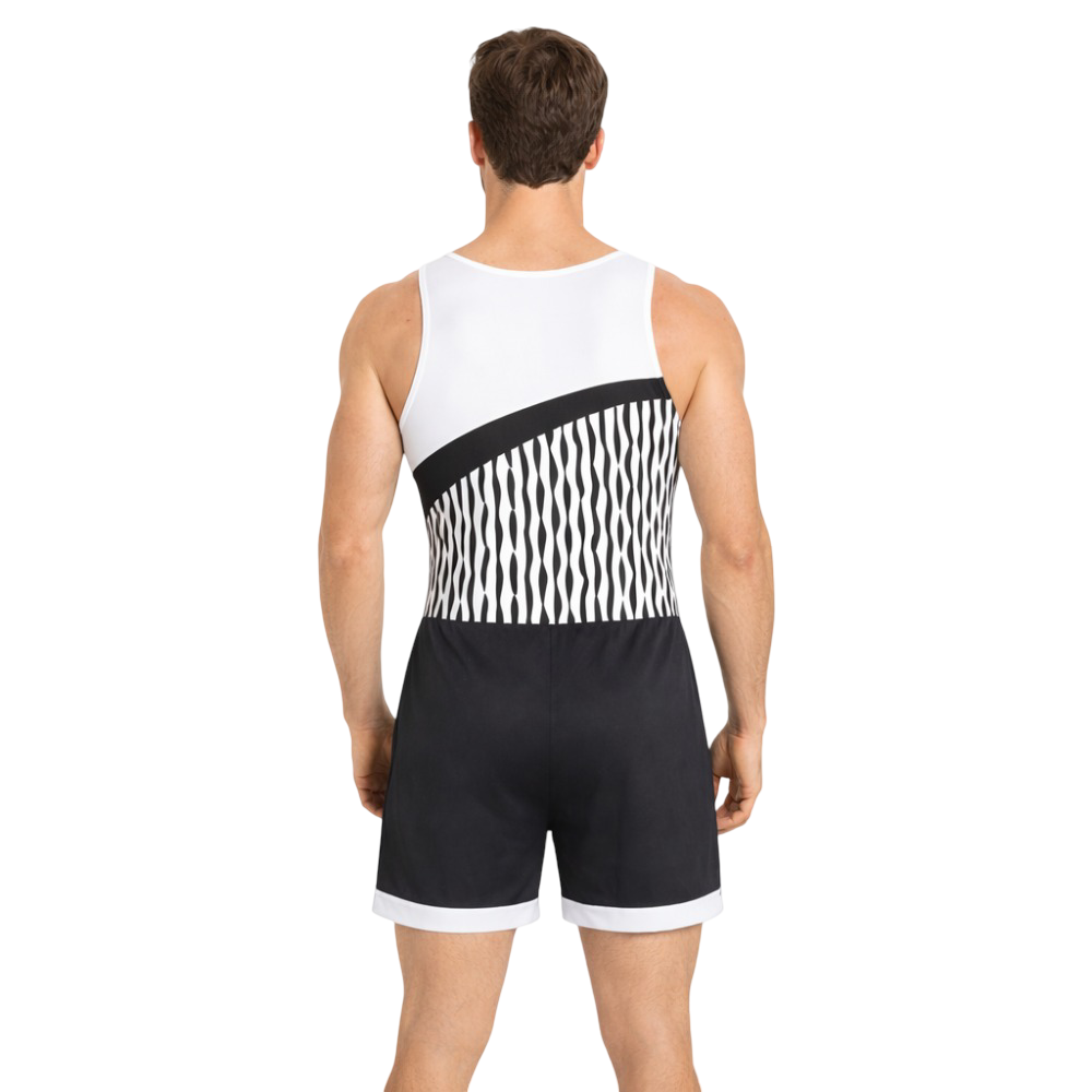 Men’s Black & White Chain Print Competitive Costume Set, Designed for Artistic Gymnastics, Artistic Yoga, and Other Physical Activities
