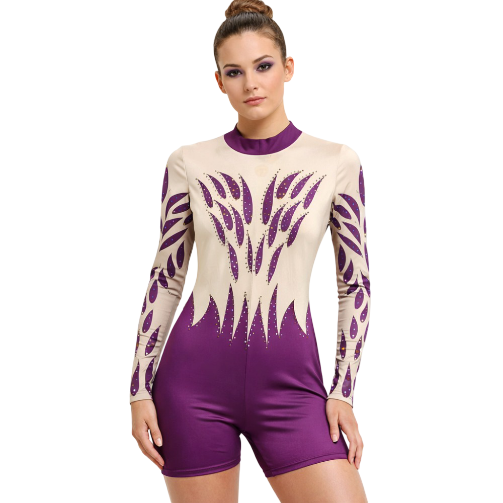 Competitive Wine Leaf Elegance Printed Biketard Crafted for Acrobatics, Aerobics, Yoga, Aerial & Skating
