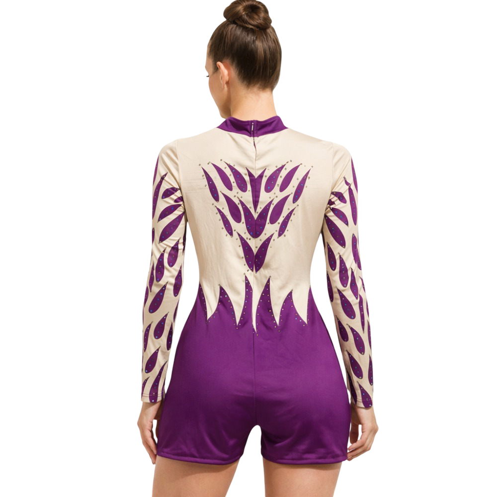 Competitive Wine Leaf Elegance Printed Biketard Crafted for Acrobatics, Aerobics, Yoga, Aerial & Skating