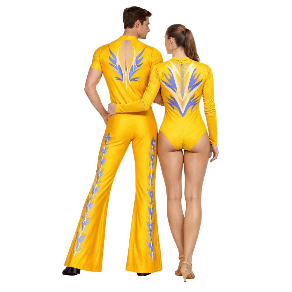 Competitive Duo Gold Allure Flared Bottom Unitard And Leotard Set For Acrobatics, Aerobics, Step Up, Zumba And Acro Dance