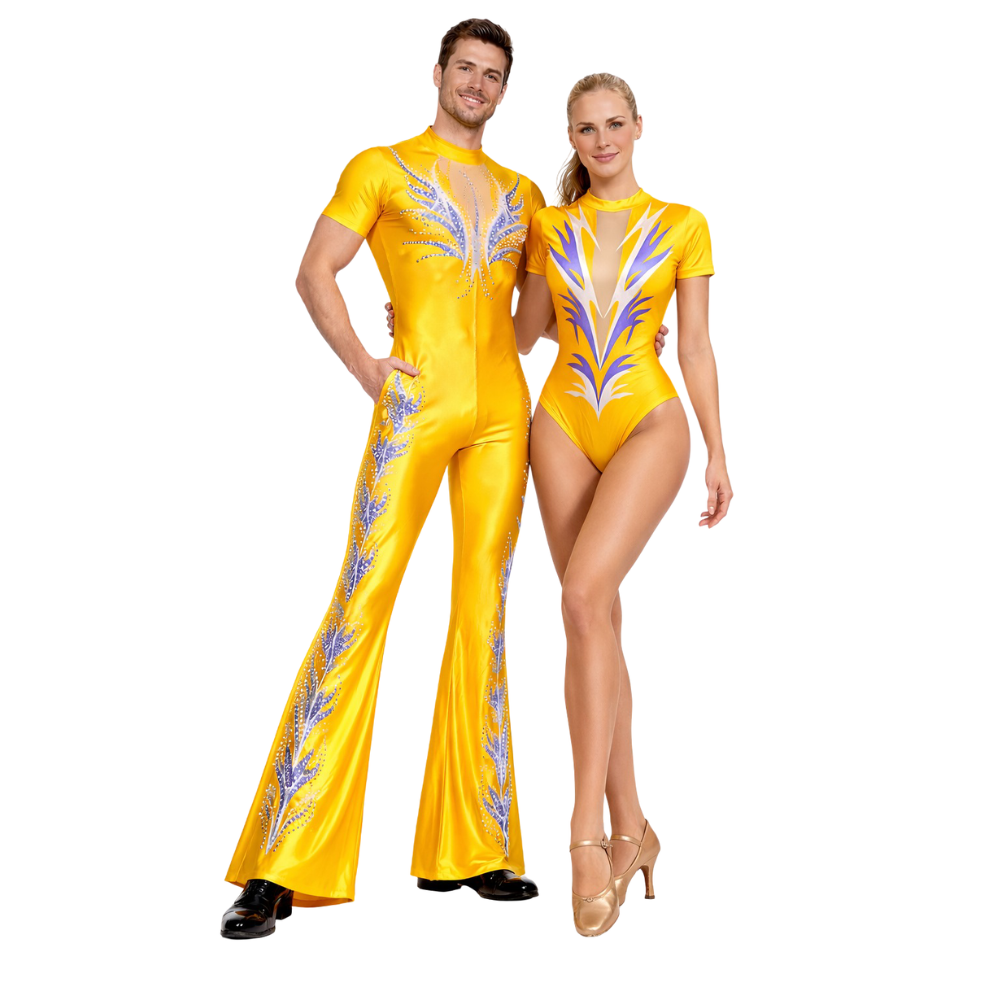 Competitive Duo Gold Allure Flared Bottom Unitard And Leotard Set For Acrobatics, Aerobics, Step Up, Zumba And Acro Dance