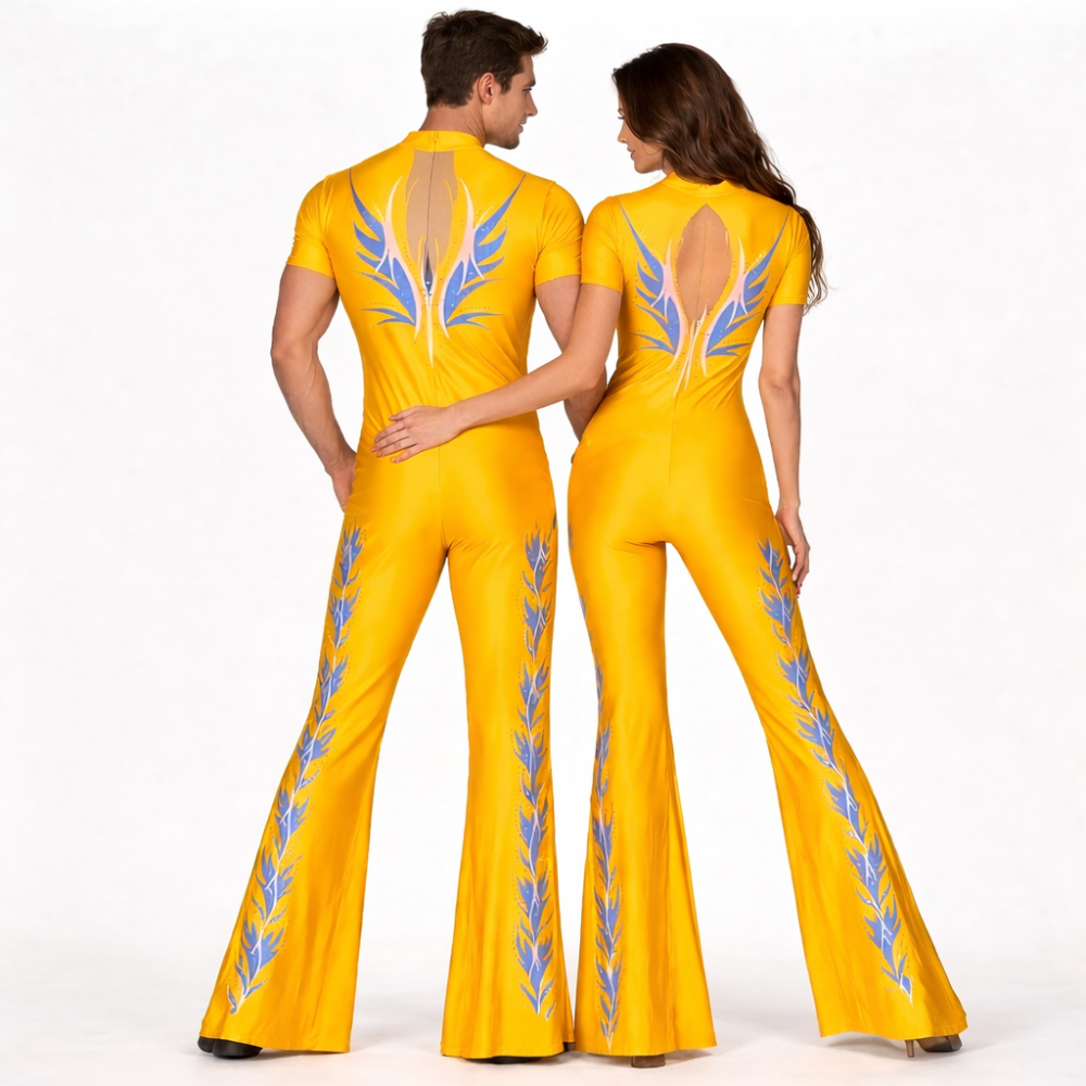 Competitive Golden Attraction Flared Bottom Unitard For Acrobatics, Aerobics, Step Up And Acro Dance