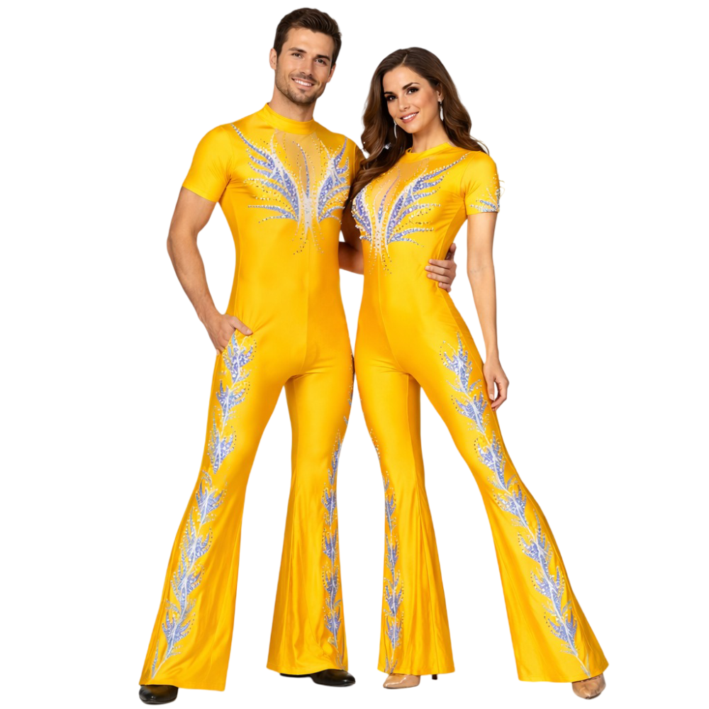 Competitive Golden Attraction Flared Bottom Unitard For Acrobatics, Aerobics, Step Up And Acro Dance