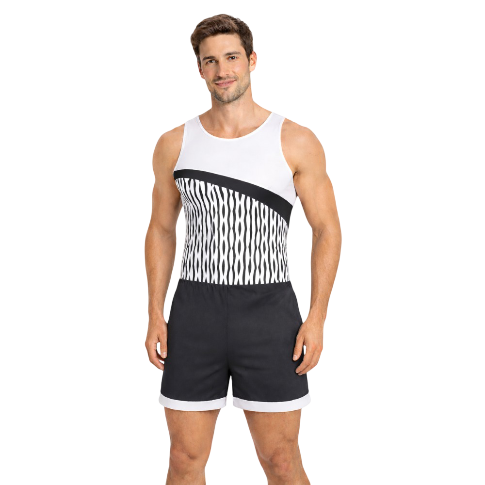 Men’s Black & White Chain Print Competitive Costume Set, Designed for Artistic Gymnastics, Artistic Yoga, and Other Physical Activities