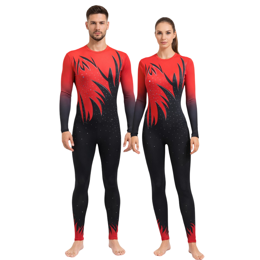 Black & Red, Full Sleeves Flow in Fortune Unitard for Yoga, Figure Skating, Aerial & Dance