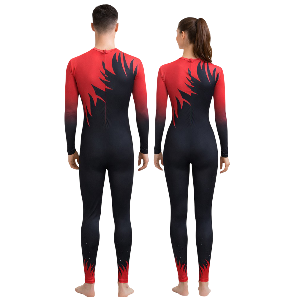 Black & Red, Full Sleeves Flow in Fortune Unitard for Yoga, Figure Skating, Aerial & Dance