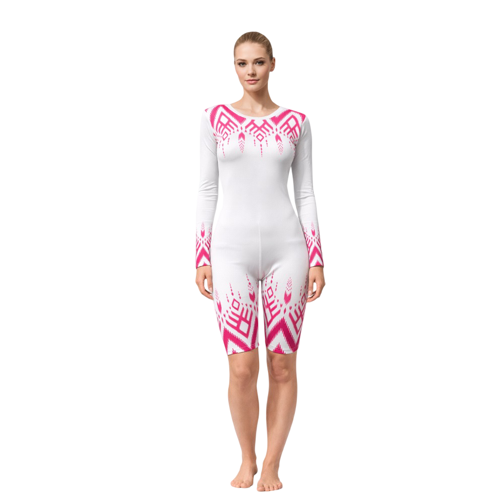 White & Pink Full Sleeves Blessed with Luck Biketard tailored for Trampoline Gymnastics, Yoga & Zumba