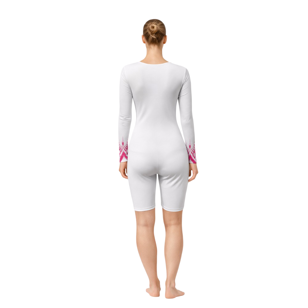 White & Pink Full Sleeves Blessed with Luck Biketard tailored for Trampoline Gymnastics, Yoga & Zumba