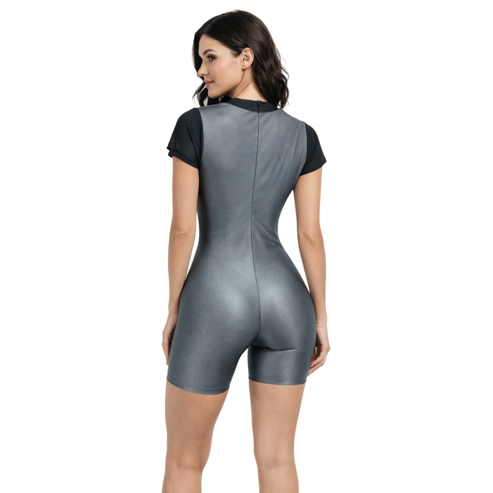 Cape Sleeves Aero fit Charcoal Grey Printed Biketard designed for Yoga, Skating, Step Up & Acro Dance