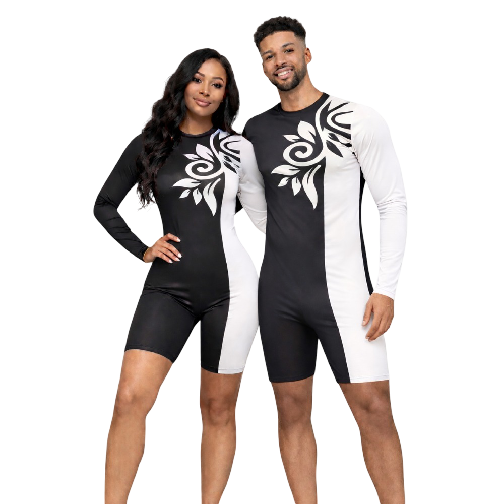 Elegant Edge White & Black Biketard tailored for Trampoline Gymnastics, Yoga, Acrobatics, Ice, Blade & figure Skating
