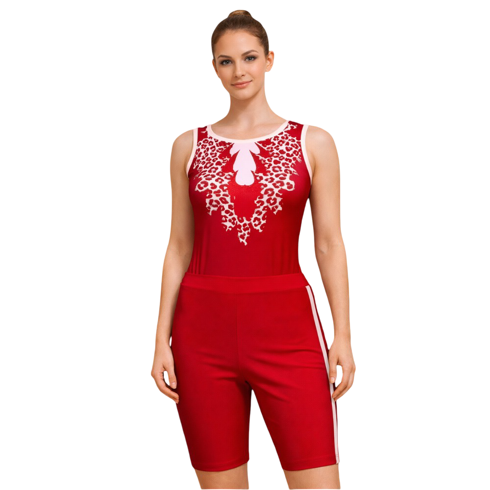 Red Jaw Dropping Sleeveless Leotard With Shorts For Artistic Gymnastics, Mallakhamb, Yoga & Physical Activity