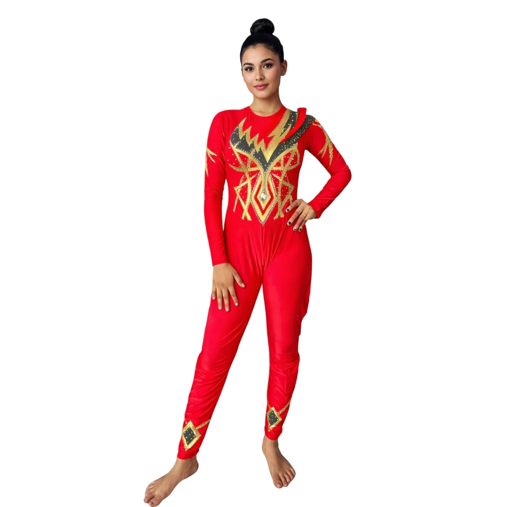 Extremely Exclusive Crimson Gold Unitard for Yoga, Silk Aerial, Dance Performance, Roller & Ice Skating