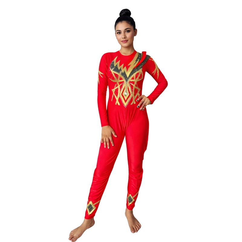 Extremely Exclusive Crimson Gold Unitard for Yoga, Silk Aerial, Dance Performance, Roller & Ice Skating