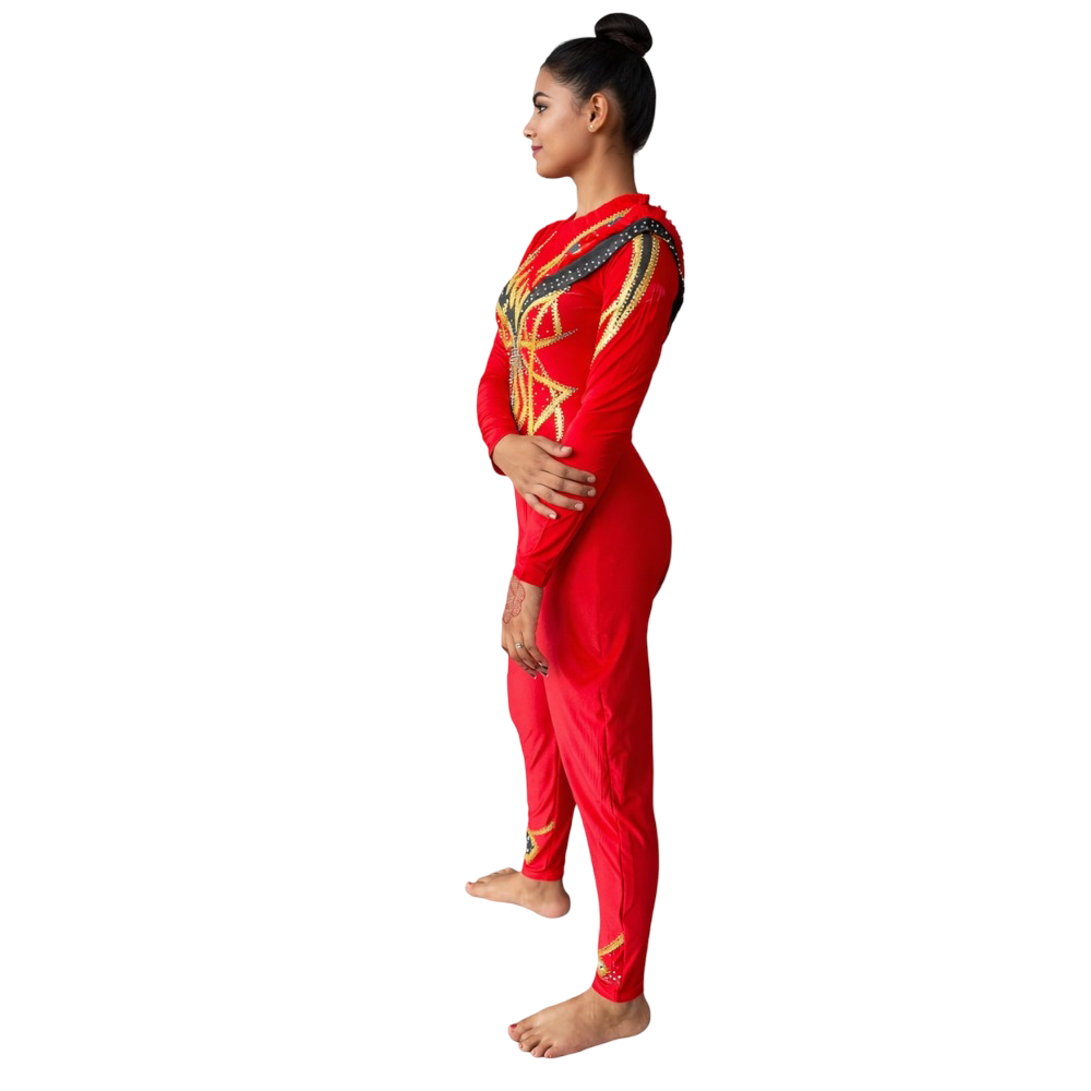 Extremely Exclusive Crimson Gold Unitard for Yoga, Silk Aerial, Dance Performance, Roller & Ice Skating