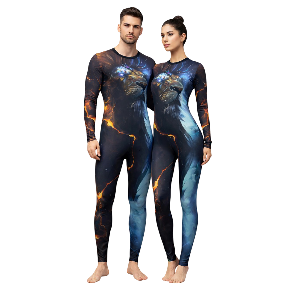 Lion Motif and Blue Flame Print Unitard for Yoga and Dance
