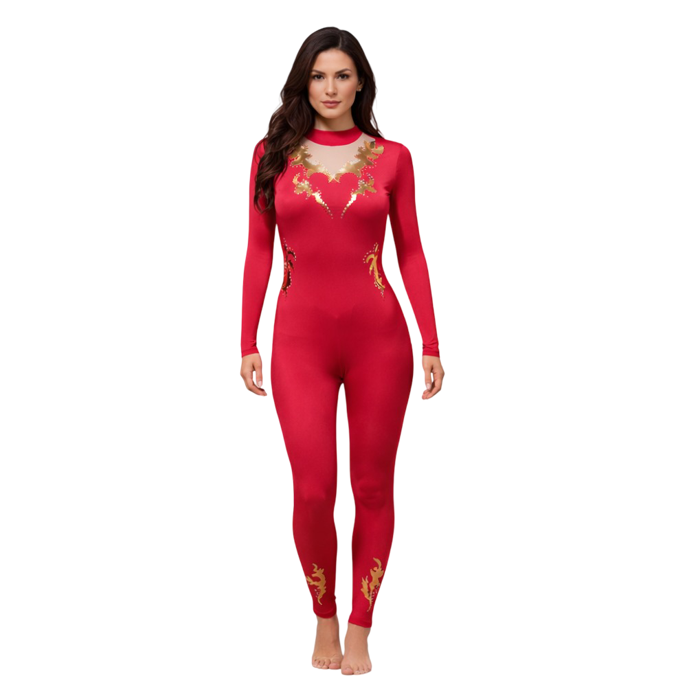 Red Maa Durga-Themed Unitard Designed for Yoga, Devotional Dance & Ice Skating
