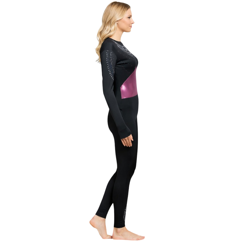 Elegance Unlashed Wine Shimmer & Black Embellished Unitard, Bodysuit, One Piece Costume