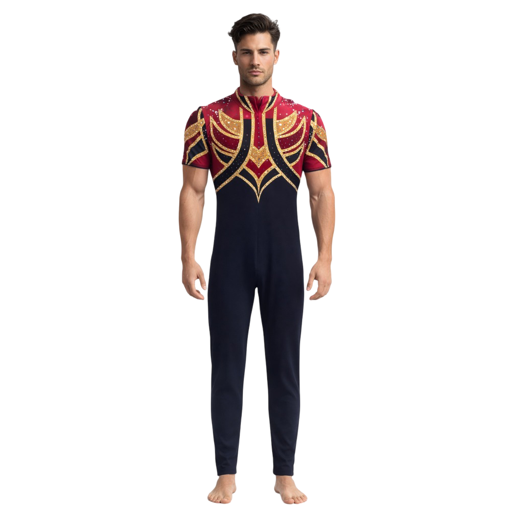 Unisex Black & Red Short Sleeve Unitard/Bodysuit with Gold-Accented Velvet Patchwork