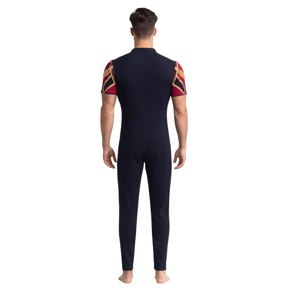 Unisex Black & Red Short Sleeve Unitard/Bodysuit with Gold-Accented Velvet Patchwork