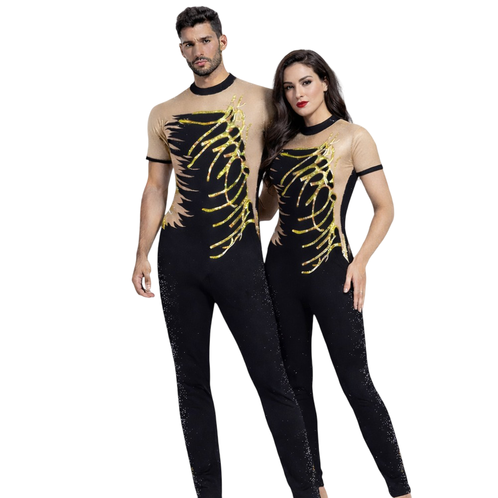 Black & Skin Tone Half-Sleeve Unisex Unitard/Bodysuit made for Rhythmic Gymnastics, Yoga & Aerial