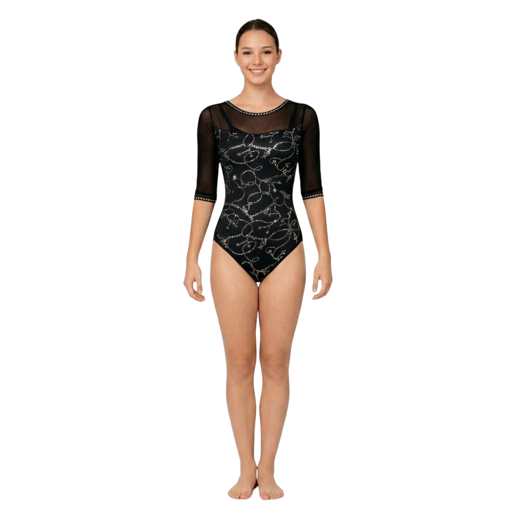 Bold Luxe-Black Leotard With Silver Chain Print & Power Net Sleeves